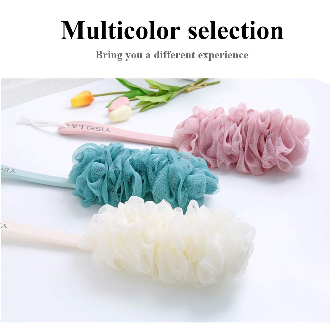 Yisella Bath Brush Long Handle Back Washer for Shower + Gray Luffa Bath Sponge