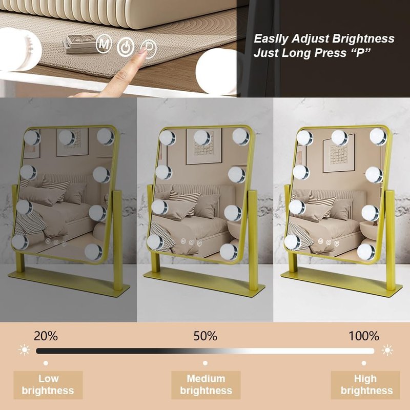 Gold Light Up Vanity Mirror,Make Up Mirror with Lighting, Lighted Makeup Mirror with Magnification, Touch Control Design 3 Colors Dimmable
