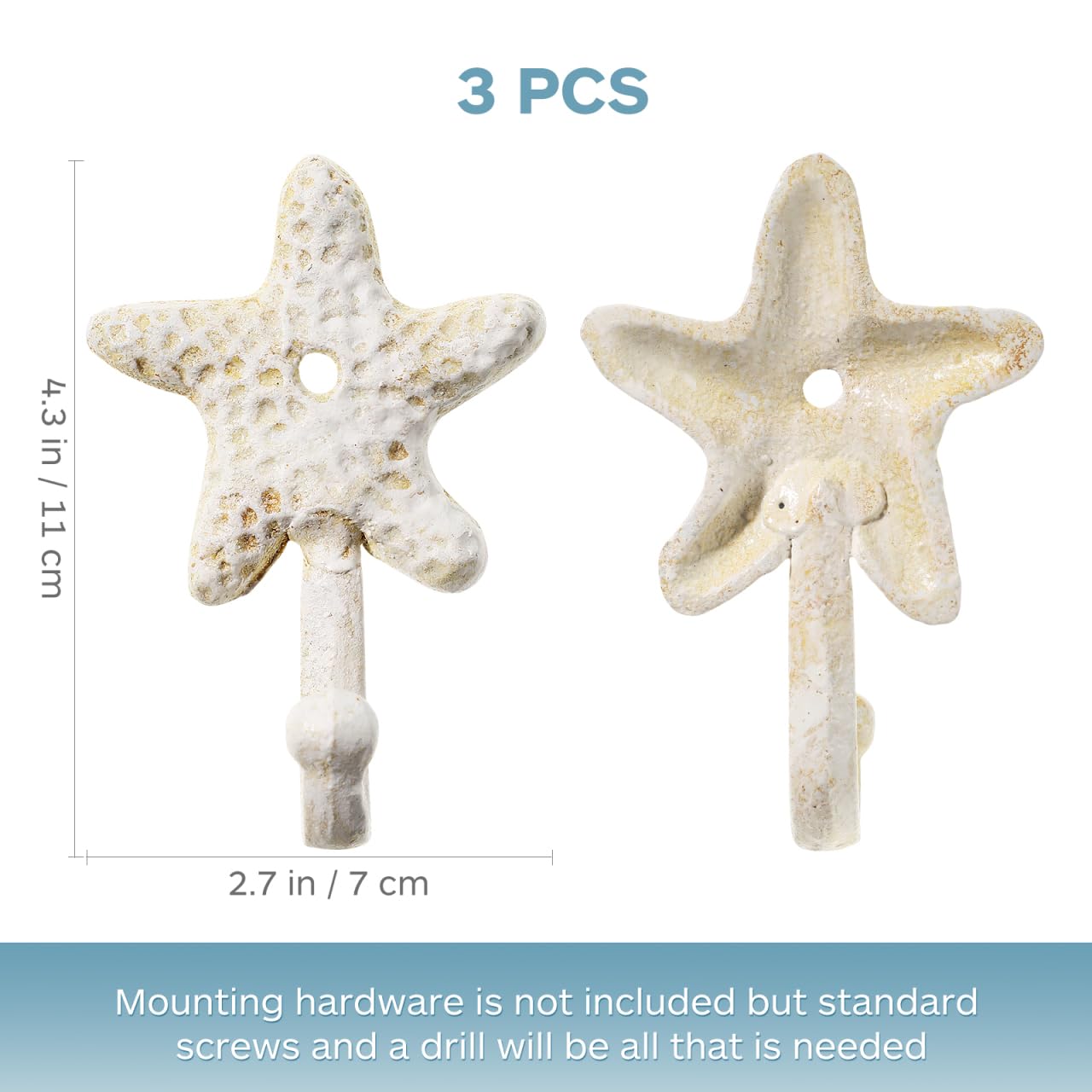 TOPBATHY 3pcs Decorative Hooks for Hanging, Cast Iron Star Fish Beach Themed Wall Hooks, Retro Coastal Wall Hanger Towel Holder for Bathrooms Kitchen Bedroom Hotel Pool Coats