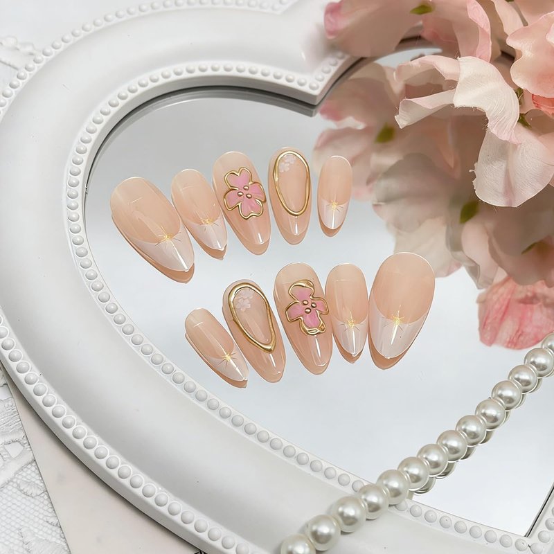 24Pcs Handmade Flower Press on Nails Long Almond Fake Nails White French Tips Glue on Nails Floral with Gold Edge Design Star False Nail Full Cover Spring Summer Stick on Nail for Women
