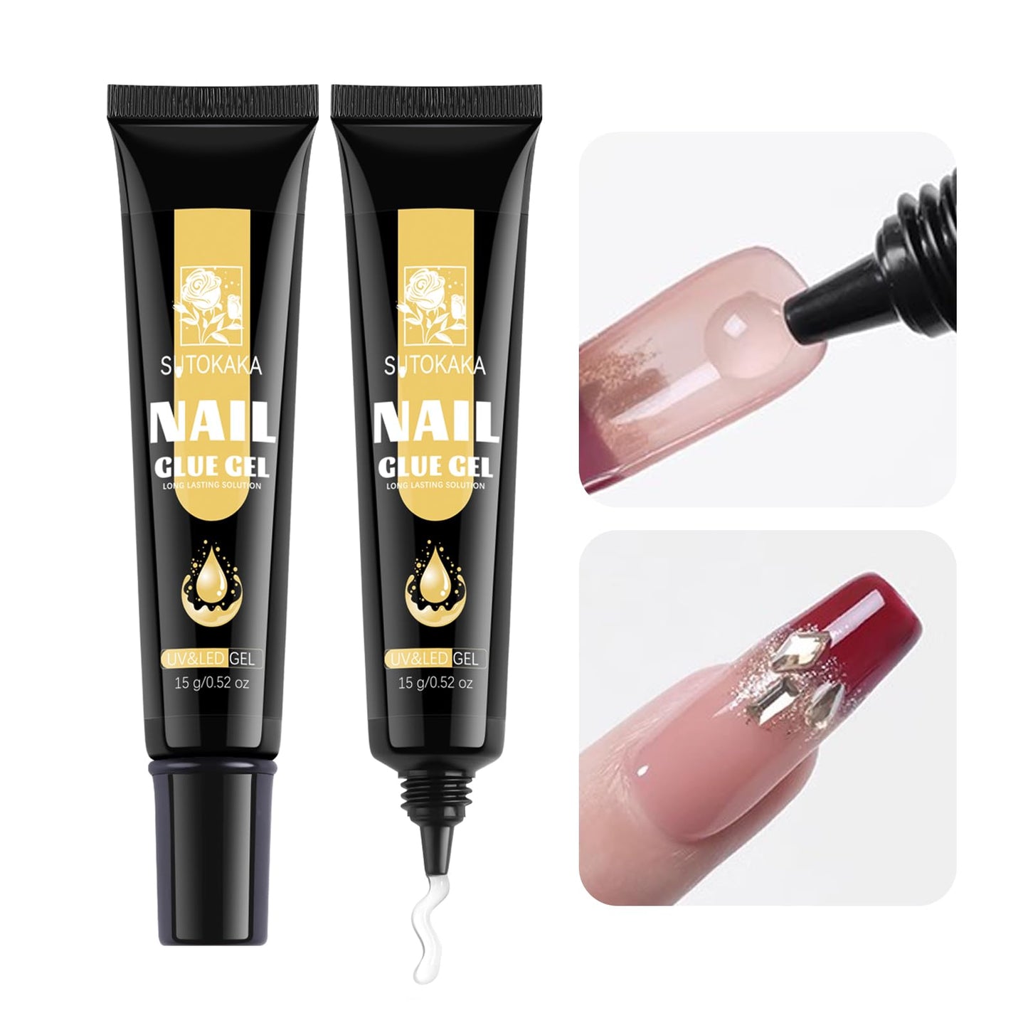 SUTOKAKA Gel Nail Glue for Nails Tips, 2pcs 15g Super Strong Solid Gel Soak Off for Acrylic Extensions Fake Nails Press On Nails U V Lamp Curing Needed Long Lasting Gel Glue Kit