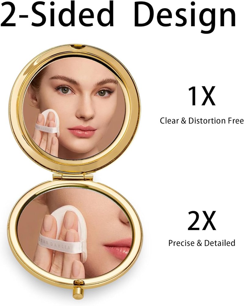 MLLXX Compact Mirror for Purse, Metal Round Shell, Double-Sided 1X/2X Magnifying, Portable Travel Makeup Mirror, Mini Pocket Mirror, Gold,4 Packs