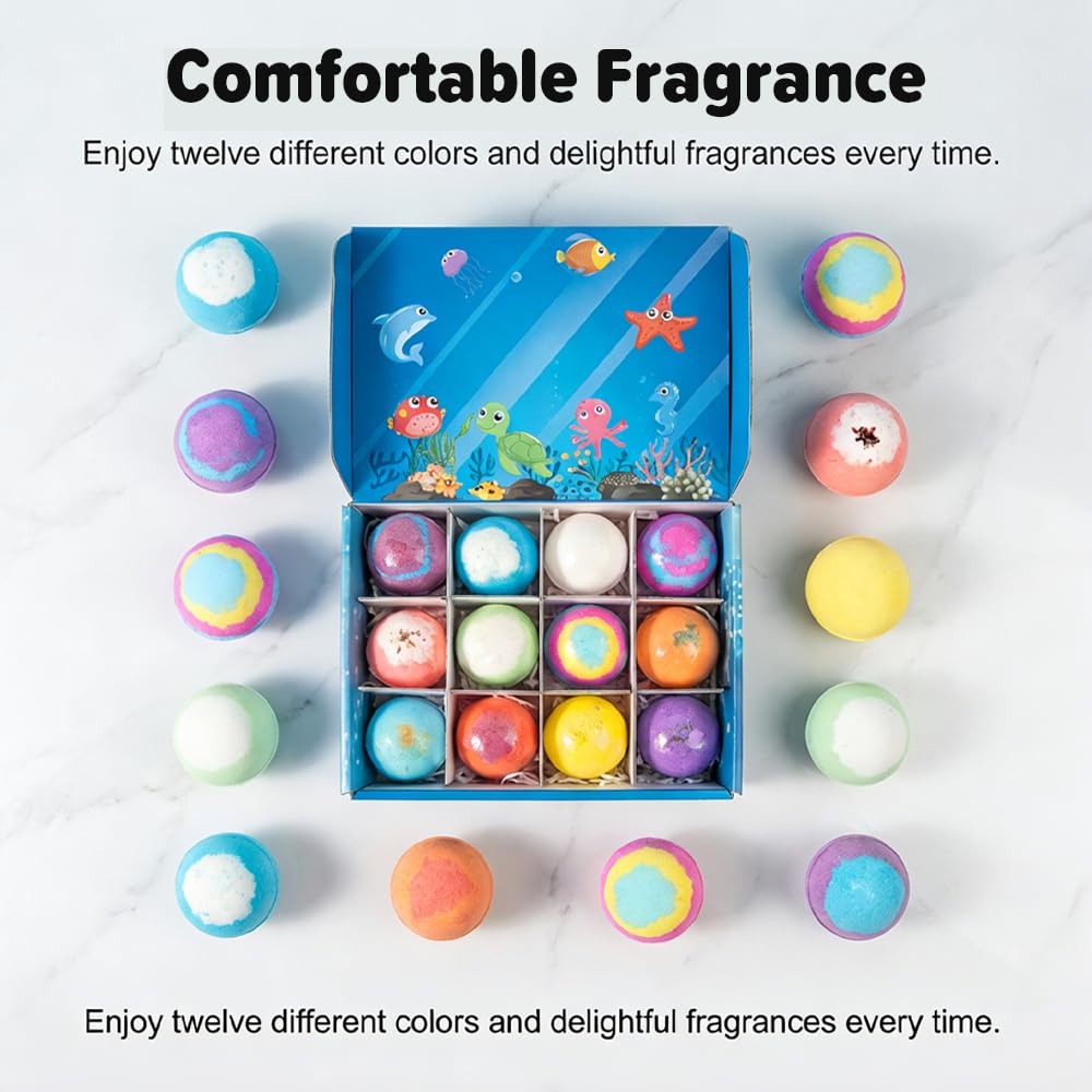 2026 New Ocean Toy Bath Salt Ball Sleeve Box Bath Bombs, Upgraded Bath Bombs with Surprise Inside, Easter Basket Stuffers Easter Egg Fillers (Sea Animal 12Pcs)