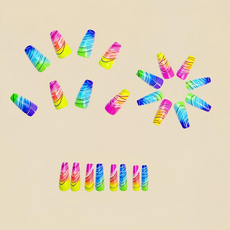Skiennix Colorful Gradient Press-On Nails - Medium Coffin Shape with Rainbow Designs | 24 Pcs Glossy Acrylic Nail Art for Women & Girls