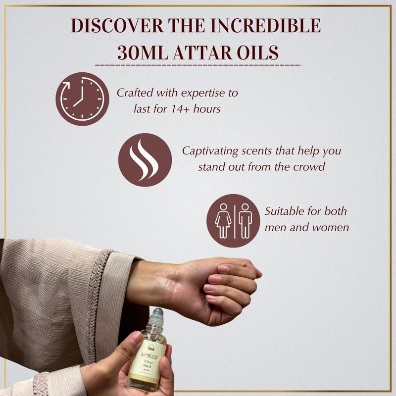Dukhni White Musk Attar Oil Arabic perfume oils for men and women | 30ml Pure musky attar roll on perfume, alcohol free mild scent | Eid, Ramadan, Umrah Gifts & Hampers, Vegan Islamic Fragrances