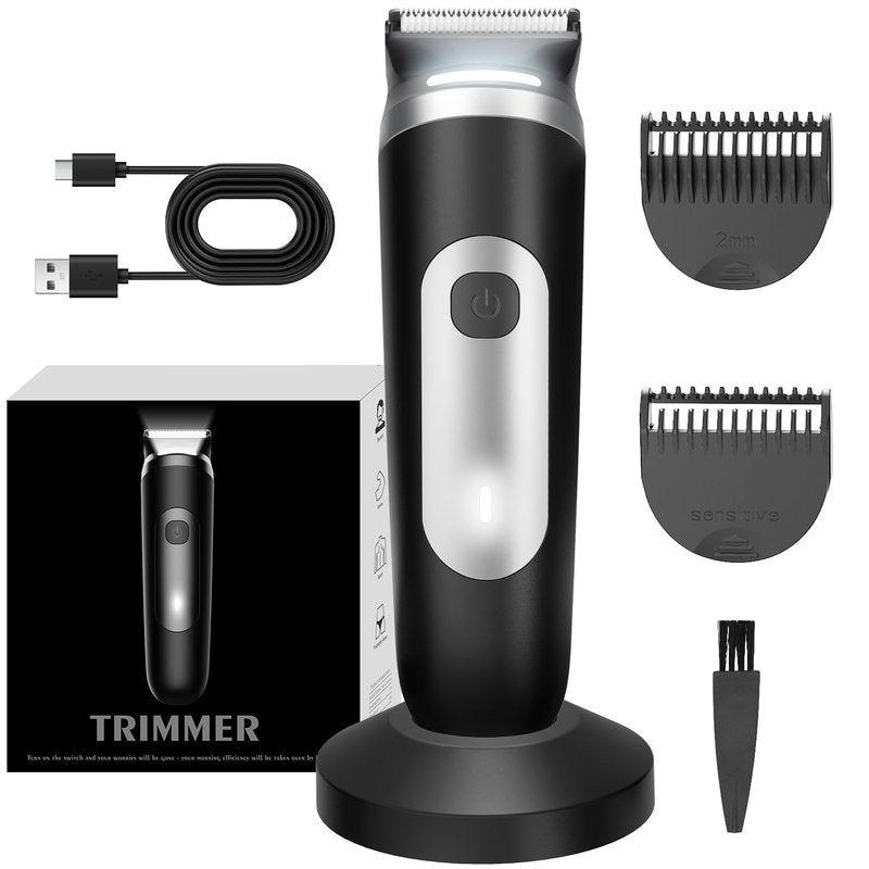 LOBINH Electric Body Hair Trimmer for Men - Pubic Shaver with Ceramic Blades (No Nicks) - Mens Wireless Ball Shaver, Waterproof Wet/Dry Electric Razor, USB Recharge Dock