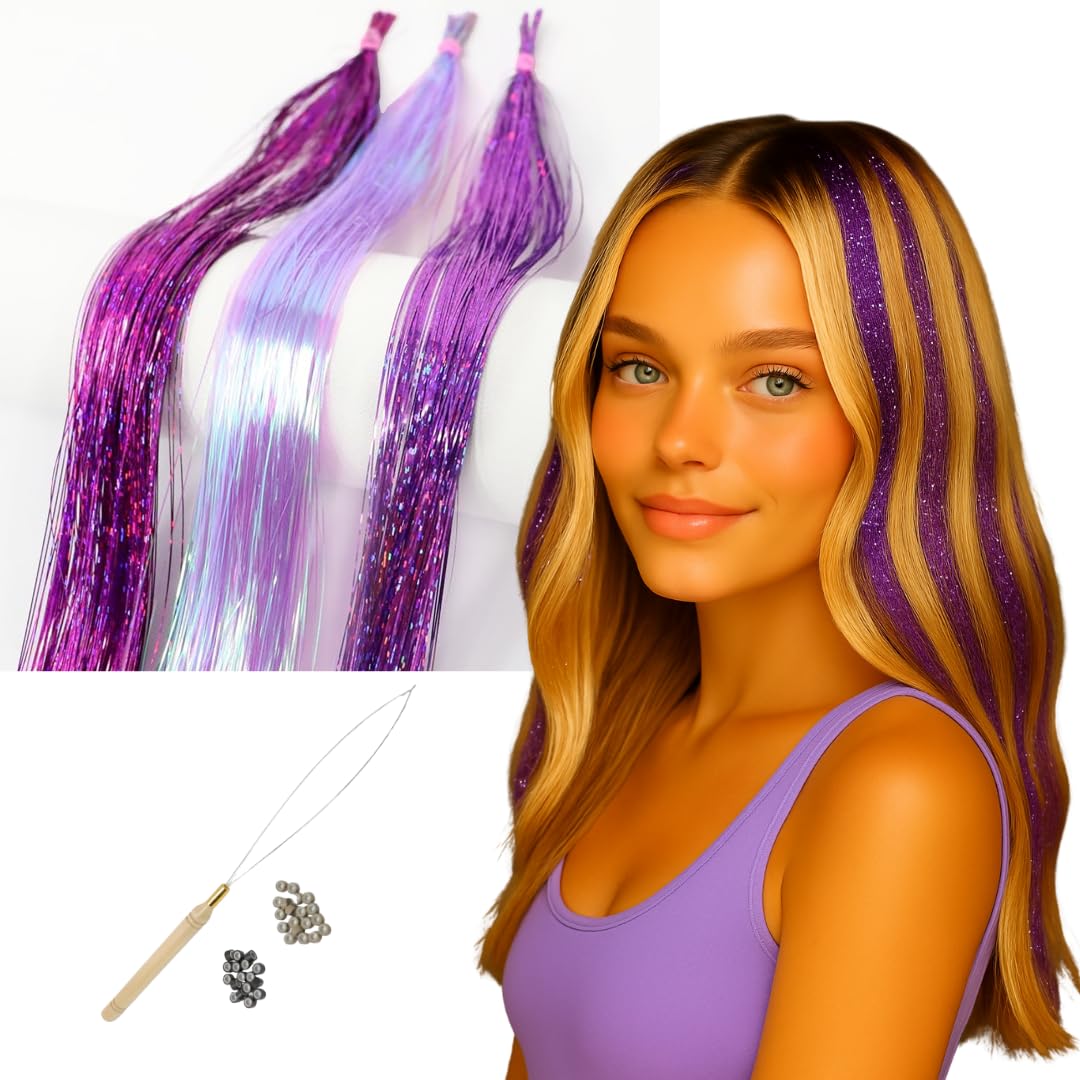 Violet Hair Tinsel, Easy Tipped Microring Hair Extensions- Princess themed Toddler Parties- Lilac Tinsel- Fairy Birthday Party - Hair Bling- Fuscia, Royal Purple, Lavender, Amethyst, Plum