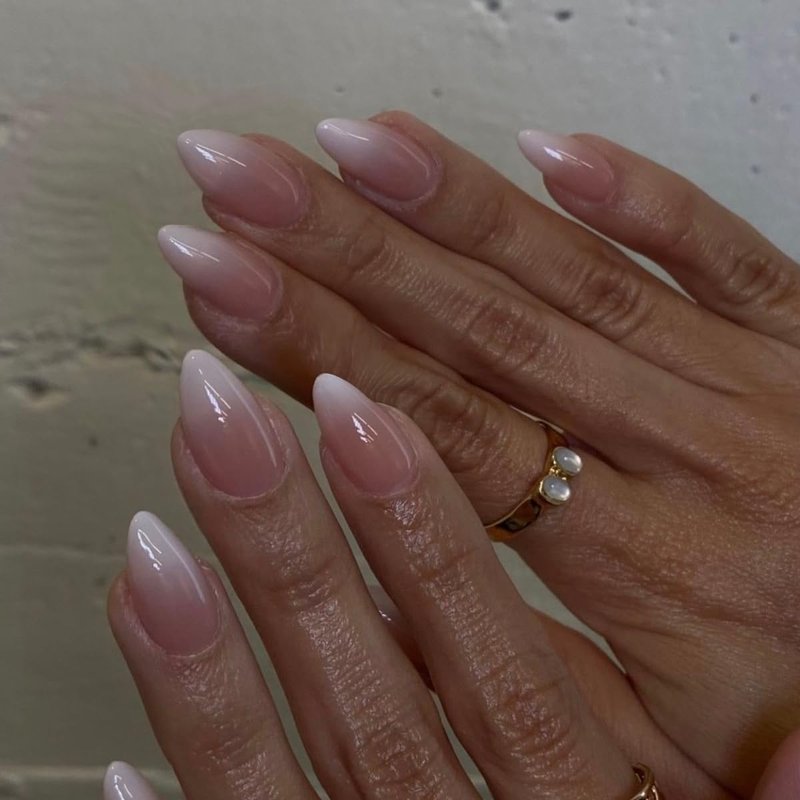 Almond Press-On Nails - Ombre French Short Stiletto Acrylics | 24 Pcs Glossy White & Peach Set