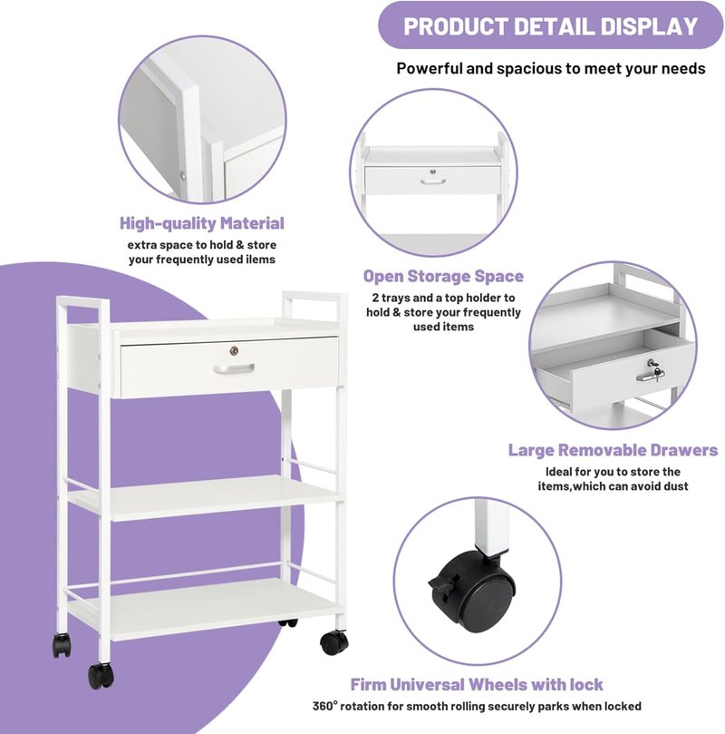 Biosp Salon Trolley Cart - 3 Tier Rolling Utility Cabinet with Lockable Drawer | White Wooden Design