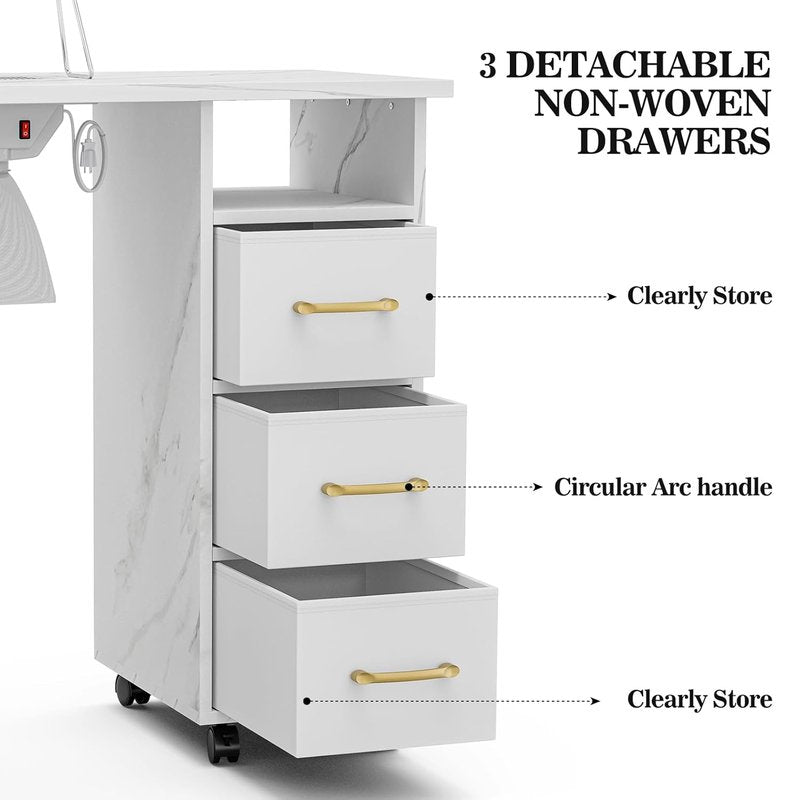 Manicure Table Nail Station - Marbling Texture with Charging Station, Dust Collector, LED Lamp | White