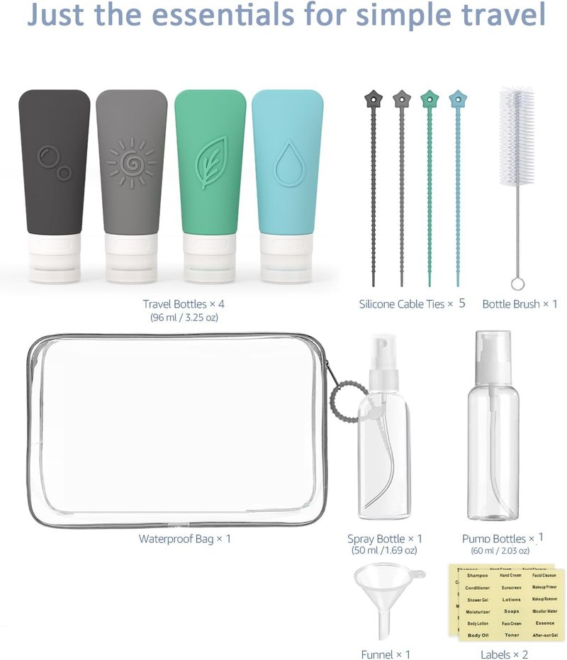 Silicone Travel Bottles Set - 16-Piece TSA Approved Leakproof Toiletry Kit | Easy-Squeeze Pump & Spray Bottles, Waterproof Bag