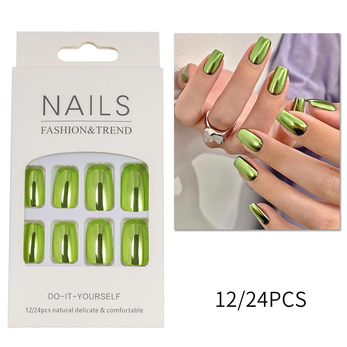 Square Press On Nails Medium Fake Nails Mirror Metal With Chrome Design Green False Nails Acrylic Glossy Glue On Nail Artificial Full Cover Reusable Stick On Nail For Women Manicure 24pcs