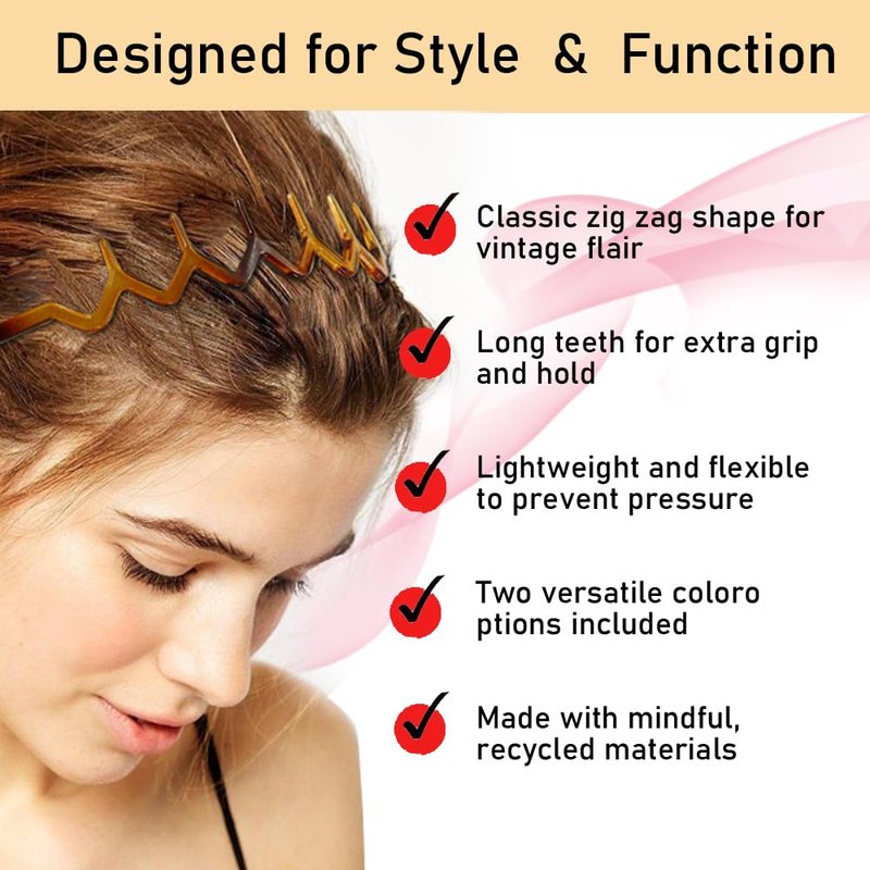 KALIYOTO Zig Zag Headbands, Recycled Plastic Wavy Hair Band with Teeth, Headbands for Women and Men, Classic 90s Hair Accessories, (1 Black Color+1 Brown)