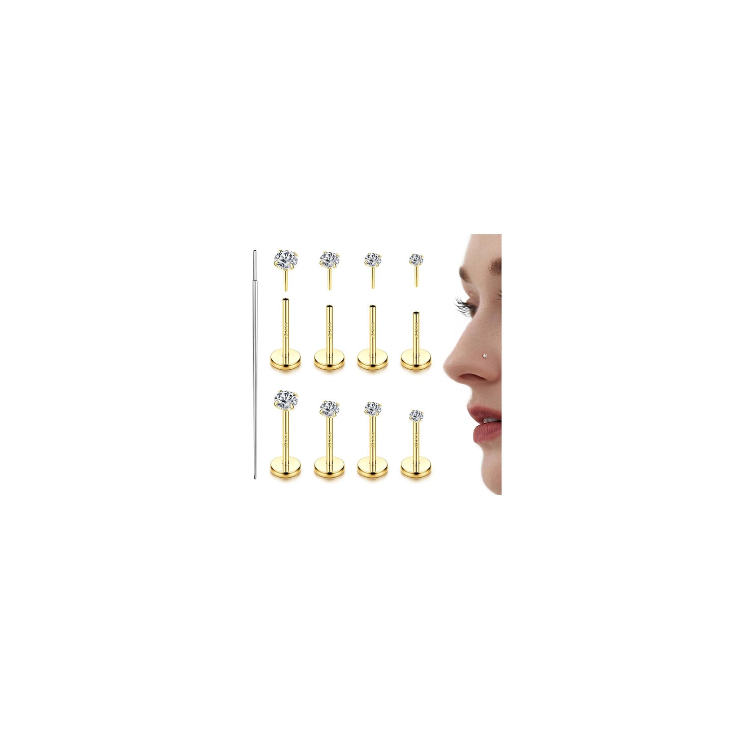 LOLIAS 14K Gold Filled Threadless Nose Studs CZ Nose Rings for Women Men 316L Surgical Steel Labret Studs Lip Rings Push in Flat Back Stud Earrings CZ Nose Nostril Tragus Helix Piercing Jewelry