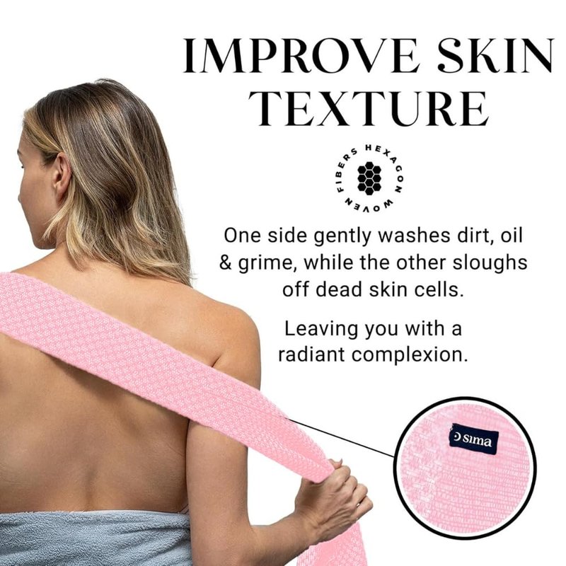 Sima Brand Exfoliating Washcloth Face & Body Scrub Towel - Japanese Exfoliating Towel with Hexagon Fibers, Body Scrubber with 2 Sides for Scrubbing & Washing, Extra Long Body Towels (Pink)