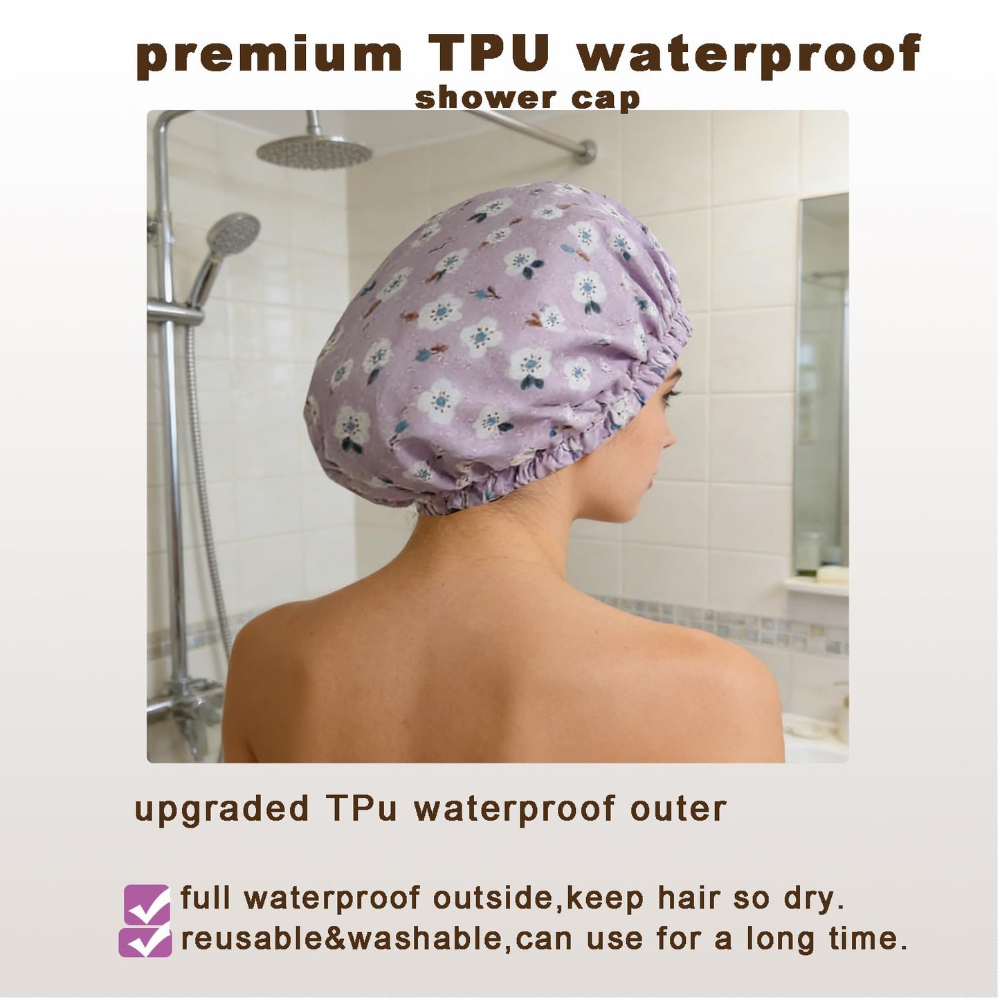 Genergy 2pcs Shower Cap for Women,Including Travel bag and Scrunchy. Frizz-Free Silky Liner, Waterproof Reusable Large Bath Bonnet for Short and Long Thick Hair, Soft Adjustable Elastic, Non-slip.