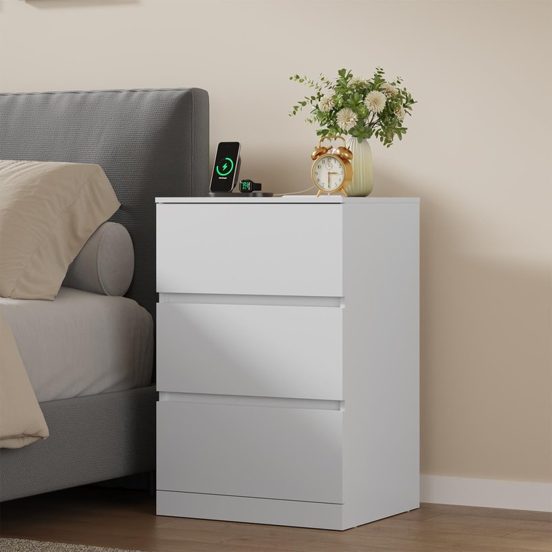 Nightstand Set of 2, 4 Drawers, 26" H with Hidden Drawer, Bedside Table with Charging Station, Modern Night Stand for Bedroom, White