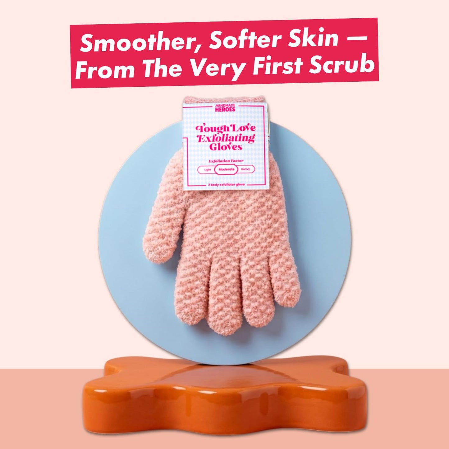 Handmade Heroes Tough Love Exfoliating Gloves – 2pc Reusable Body Washcloth Mitt for Shower Bath & Spa, Dead Skin Remover, Ingrown Hair & Self Tan Exfoliator, Women Shower Accessories for Smooth Skin