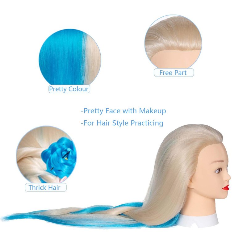 Mannequin Head for Hair Styling | 29" Cosmetology Training Doll with Clamp Holder - White & Blue