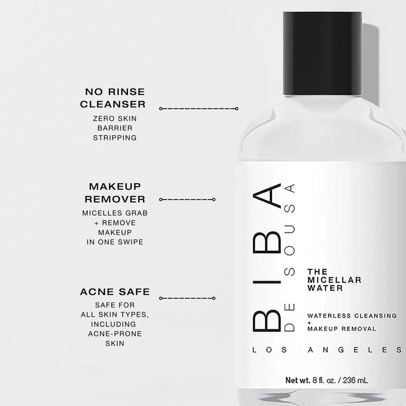 Biba De Sousa Micellar Water - Soothing No-Rinse Cleanser & Makeup Remover for All Skin Types (8oz)