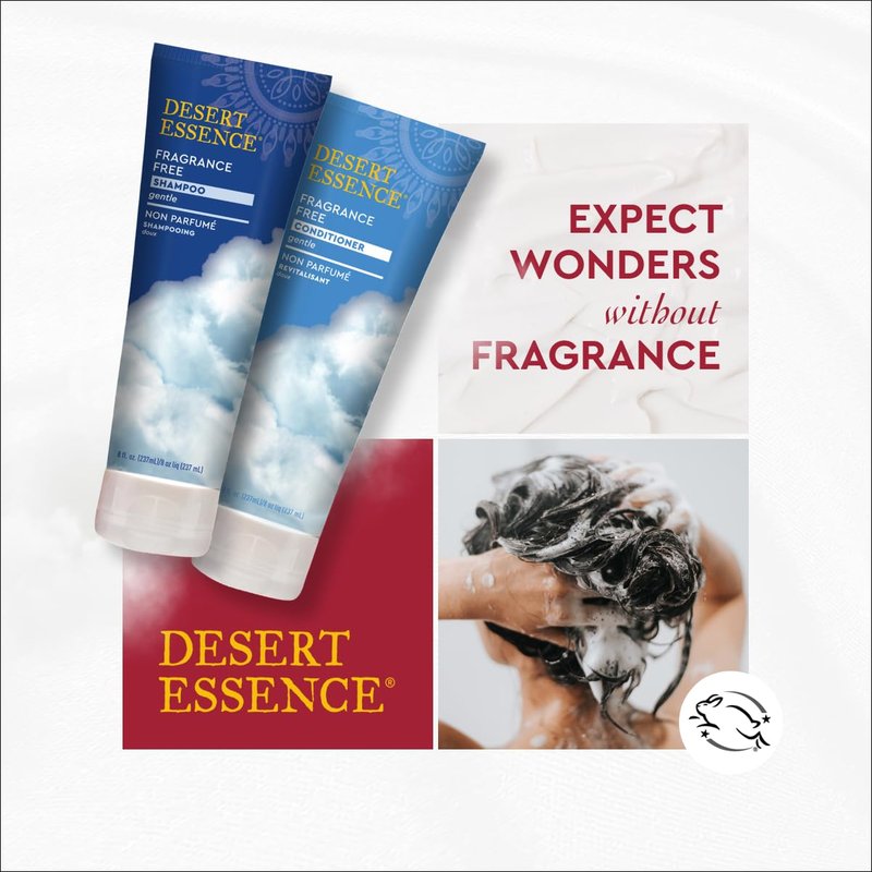 Desert Essence Fragrance Free Shampoo – 8 fl oz – Unscented Gentle Cleanser with Jojoba Oil, Green Tea & Comfrey – Softens & Strengthens Hair, Adds Shine – For Sensitive Scalps