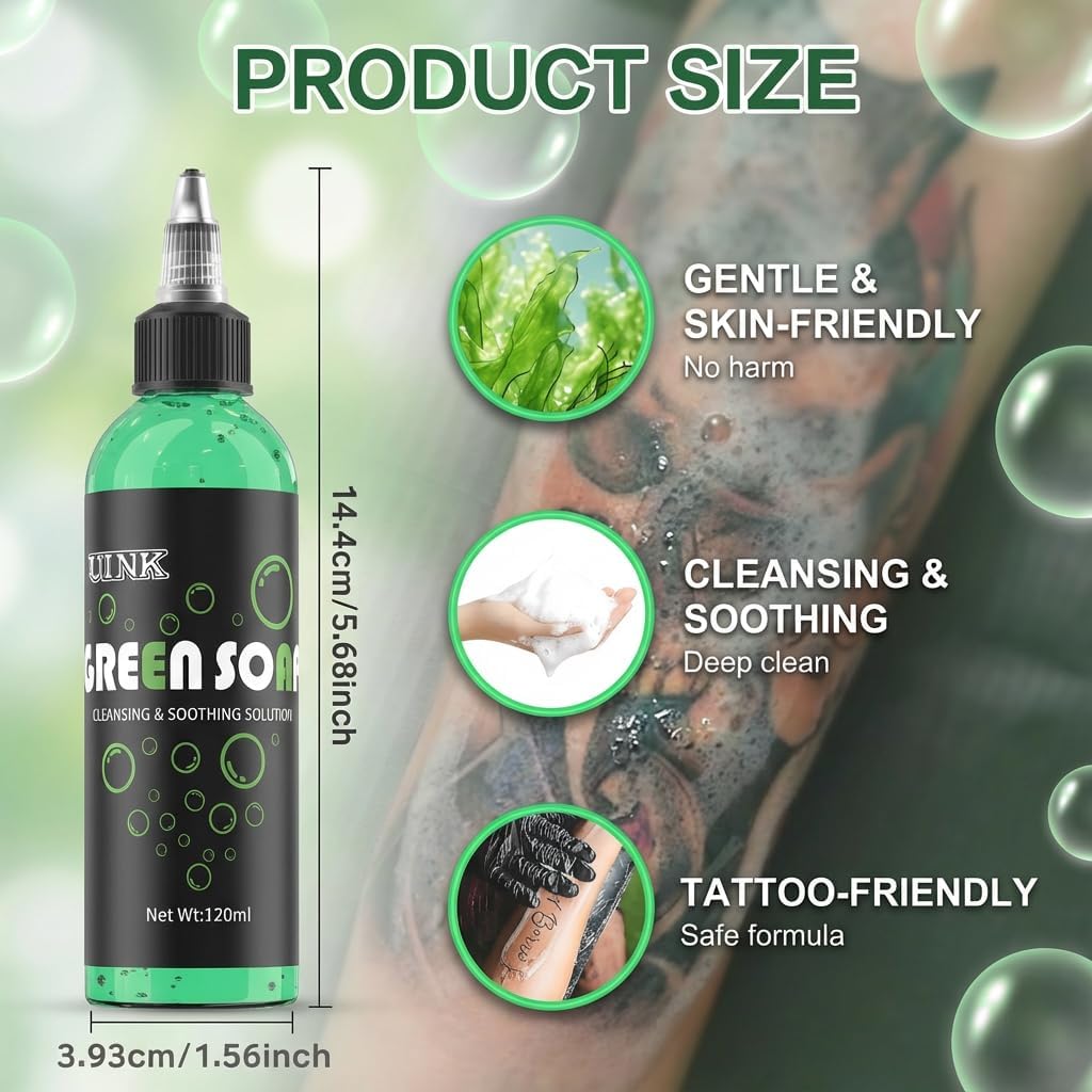 ZUFIO Green Soap for Tattoos - GreenTattoo Soap 4OZ with Foaming Bottle 120ml, Tattoo Supplies for Tattoos Piercings, Clean Skin Equipment