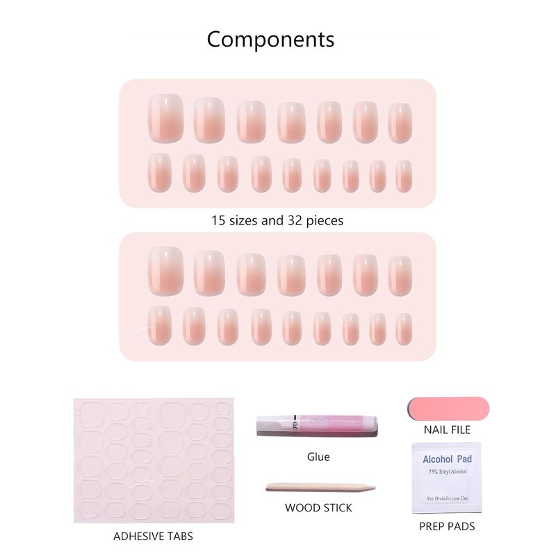 Press On Nails - Pink Horizon Reusable Soft Gel Kit | 32 Natural Stick-On Nails in 15 Sizes