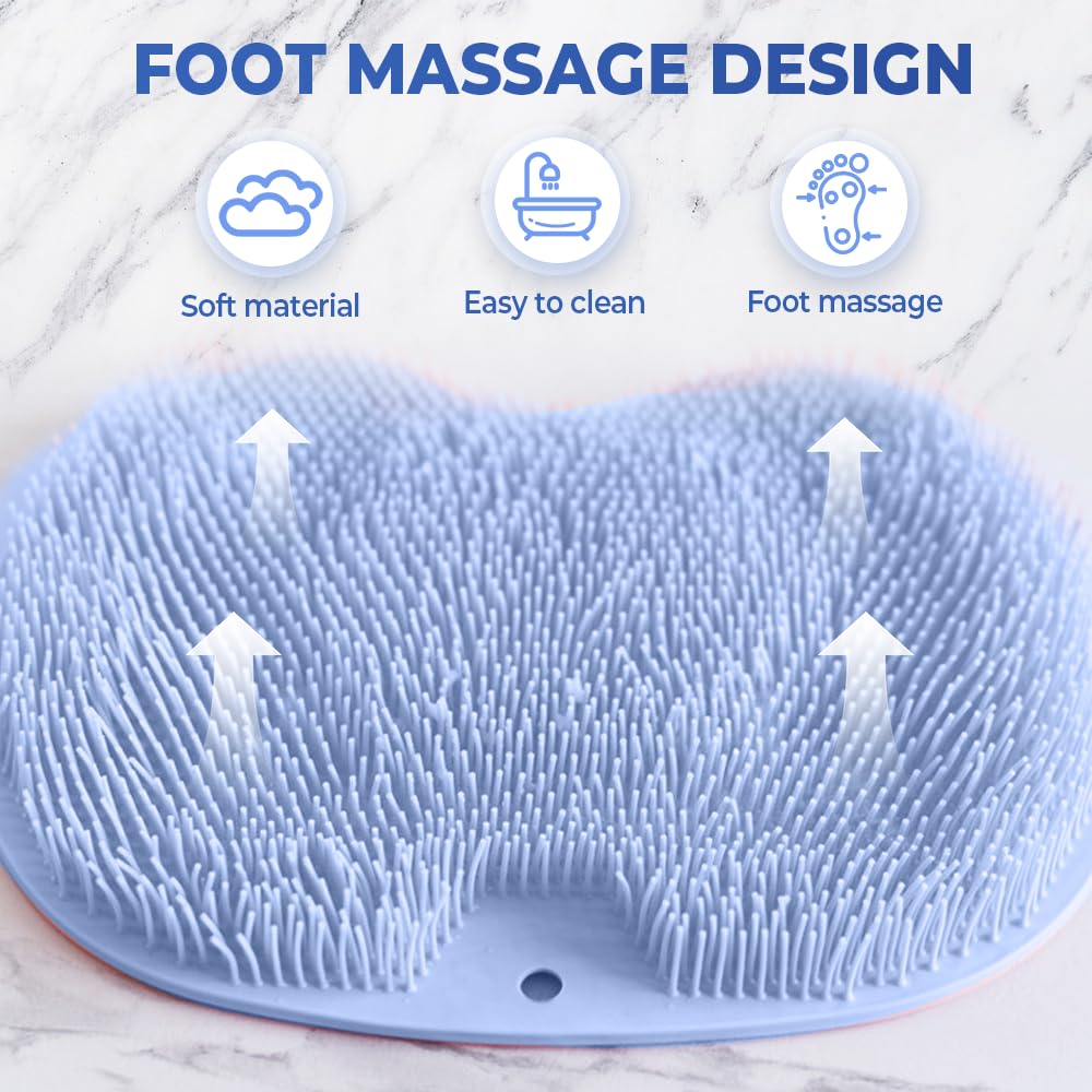 Shower Foot Scrubber Mat with Non-Slip Suction Cups, Non Slip Bathtub and Shower Mat with Suction Cups and Drain Holes, Foot Back Cleaning Pad Back Washer Exfoliating Bath Wash Pad (Grey)
