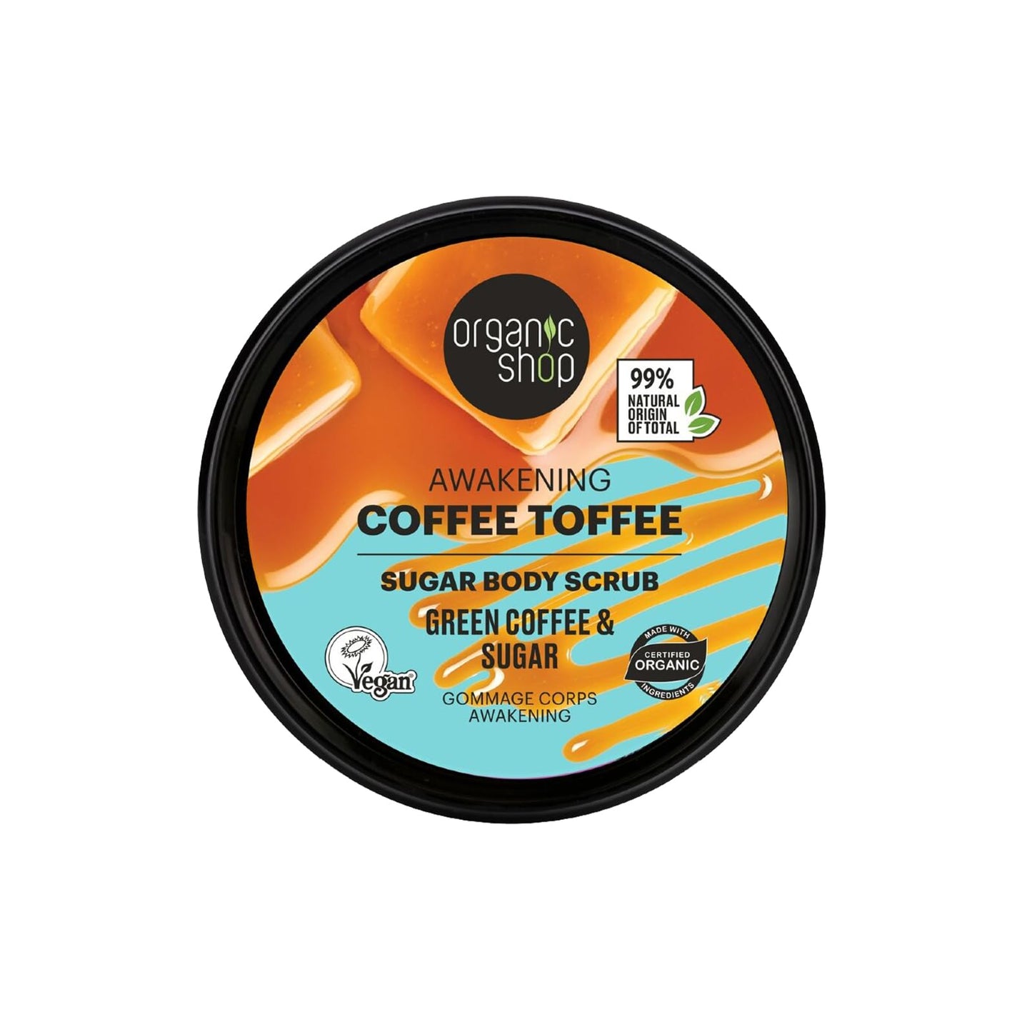 Organic Shop Green Coffee & Sugar Body Scrub, Awakening Coffee Toffee Exfoliating Sugar Scrub, 99% Natural Origin, COSMOS Natural, Organic & Vegan Body Exfoliator, Made in Europe