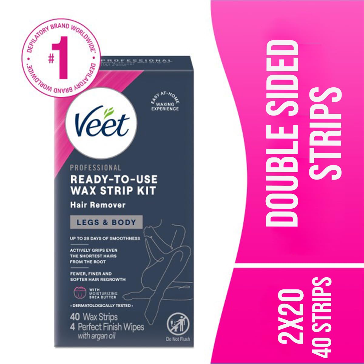 Veet Hair Remover Wax Strip Kit - Dermatologically Tested, 40 Count for Legs & Body | 2 Pack