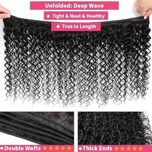 Deep Wave Bundles Human Hair 28 Inch 12A Brazilian Virgin Human Hair Single Bundle 100% Unprocessed Deep Wave Bundles Double Weft Deep Curly Weave for Black Women