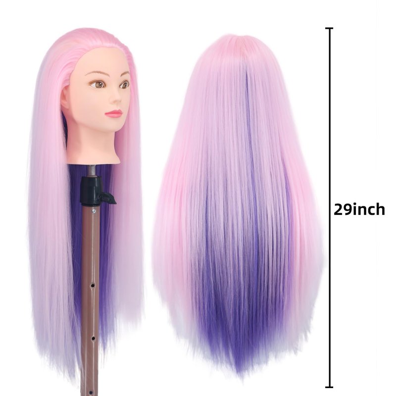 Eumos Mannequin Head with Hair, 29'' Doll Head for Hair Styling Training Head Manikin Practice Cosmetology Doll Head Styling Hairdressing Training Braiding Heads with Clamp Holder (Pink Purple)