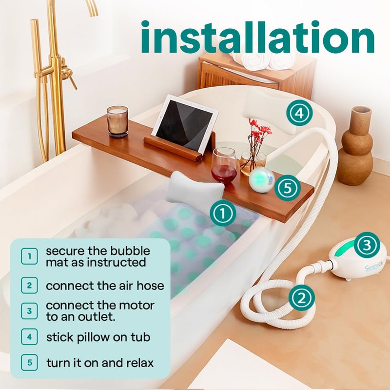SereneLife Bubble Bath Mat - Portable Spa Bubble Bath Massager with Waterproof Bath Light & Pillow, Adjustable Bubble Intensity, Easy Button Control, Remote Control