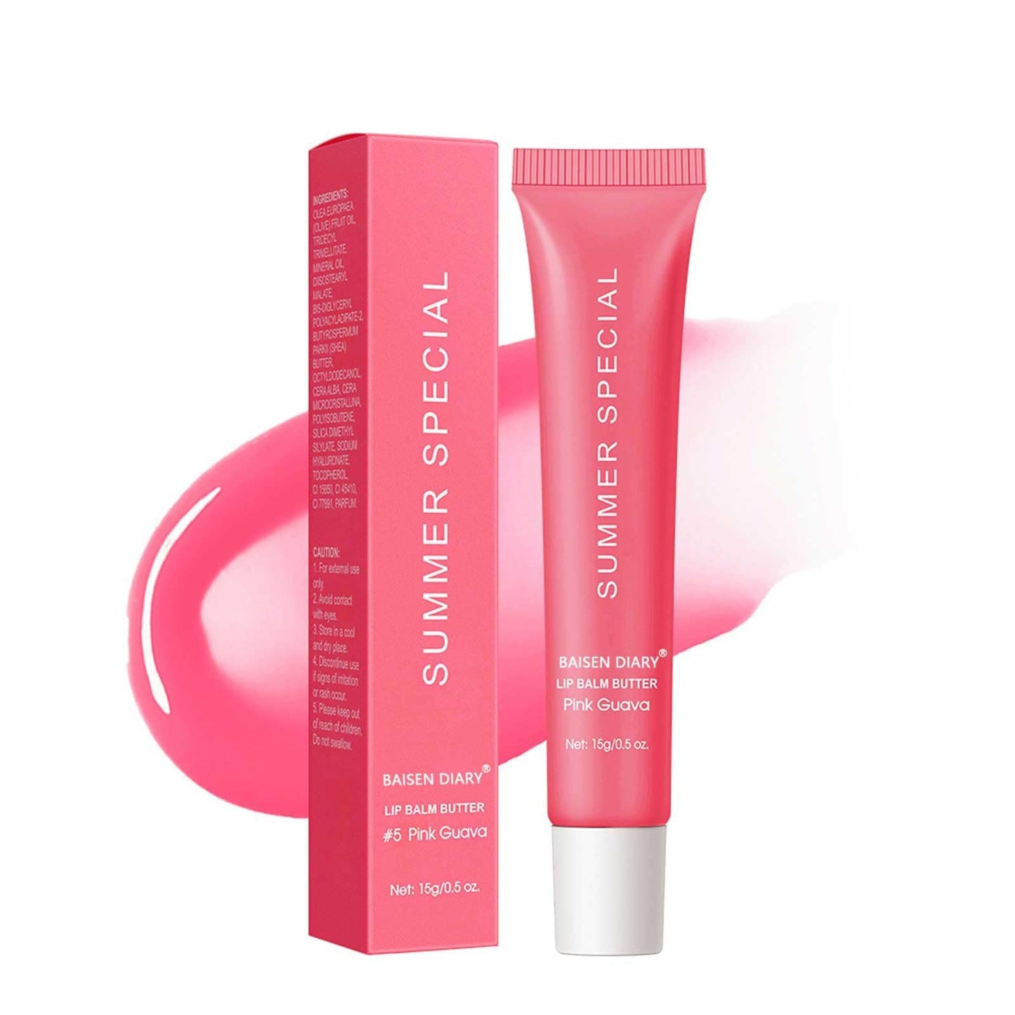BAISEN DIARY Lip Butter Balm - Ultra-Hydrating, Nourishing Lip Care with Natural Ingredients, Shea Butter & Olive Oil, Soothes & Softens Dry Lips (#5 Pink Guava, 1)