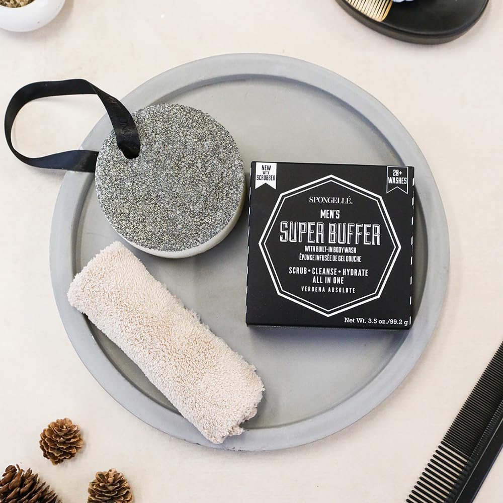 Spongellé Men's Super Buffer, Verbena Absolute | 20+ Washes | Body Wash Infused Exfoliating Body Scrubber | Loofah Sponge For Men | Cruelty-Free, Vegan, Dermatologist-Tested, Made in USA