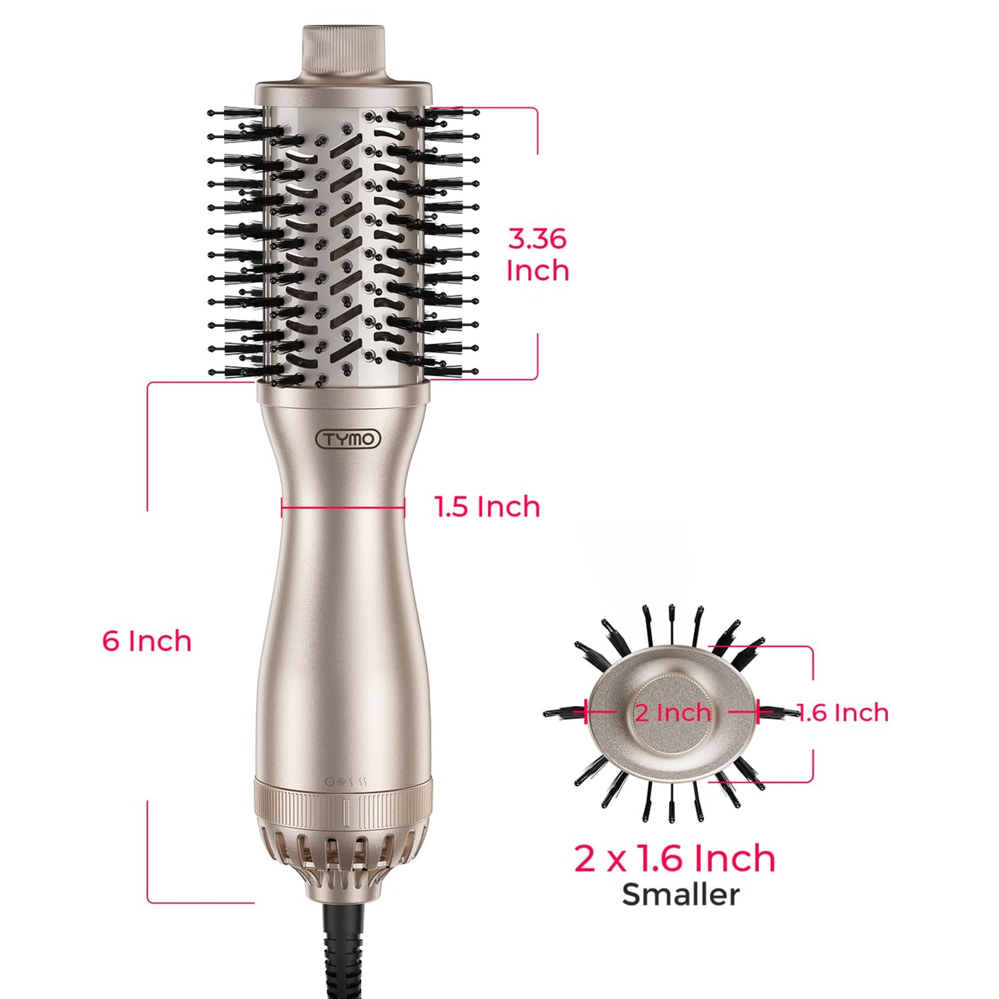 TYMO 2.0 Hair Blow Dryer Brush - Blowout Hot Air Brush, One Step Volumizer, Upgraded 2 Inch Oval Barrel Roller Curling Styler, 3X Faster Drying, 0.6 lb Lightweight, Straightener Curling in One, Gold