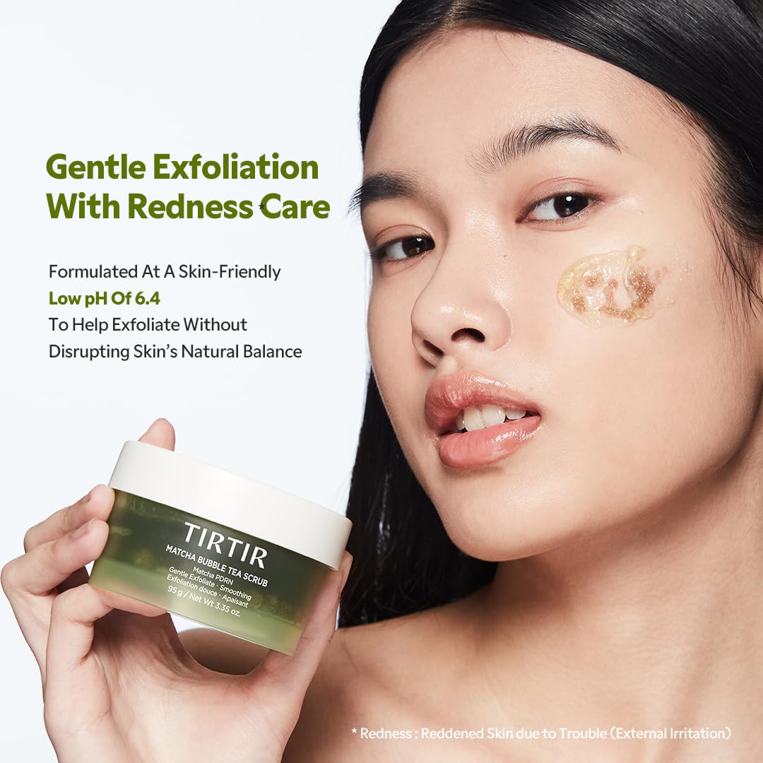 TIRTIR Matcha PDRN Bubble Tea Scrub - Gentle Low-pH Exfoliator with 5,000ppm Vegan Matcha & Ceramide Complex | 100g (3.52oz)