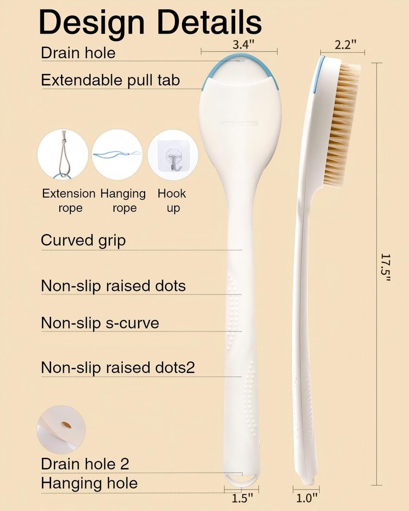 BUBBLEDANCE® Natural Boar Bristle Back Scrubber – 4X Scrubbing Power, Extendable Long Handle (17.5"-31.9") for Deep Exfoliation & Dry Brushing – 1.3X Wider Head, Anti-Slip Shower Brush for Men & Women