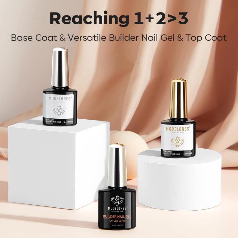 modelones 3 Pcs Top Coat Builder Nail Gel with Gel Base, No Wipe - Shine Finish and Long Lasting, Clear Builder Top Nail Kit for Thickening Apex Building Extension, LED Lamp Cured 10ml Home DIY Salon