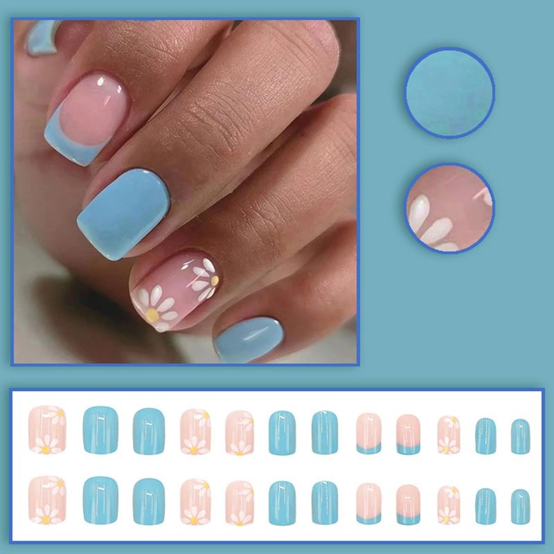 Press On Nails - Short Square Acrylic Nail Kit with Glossy Blue French Designs | 24 Pcs Full Cover Floral Stick-On Nails for Women