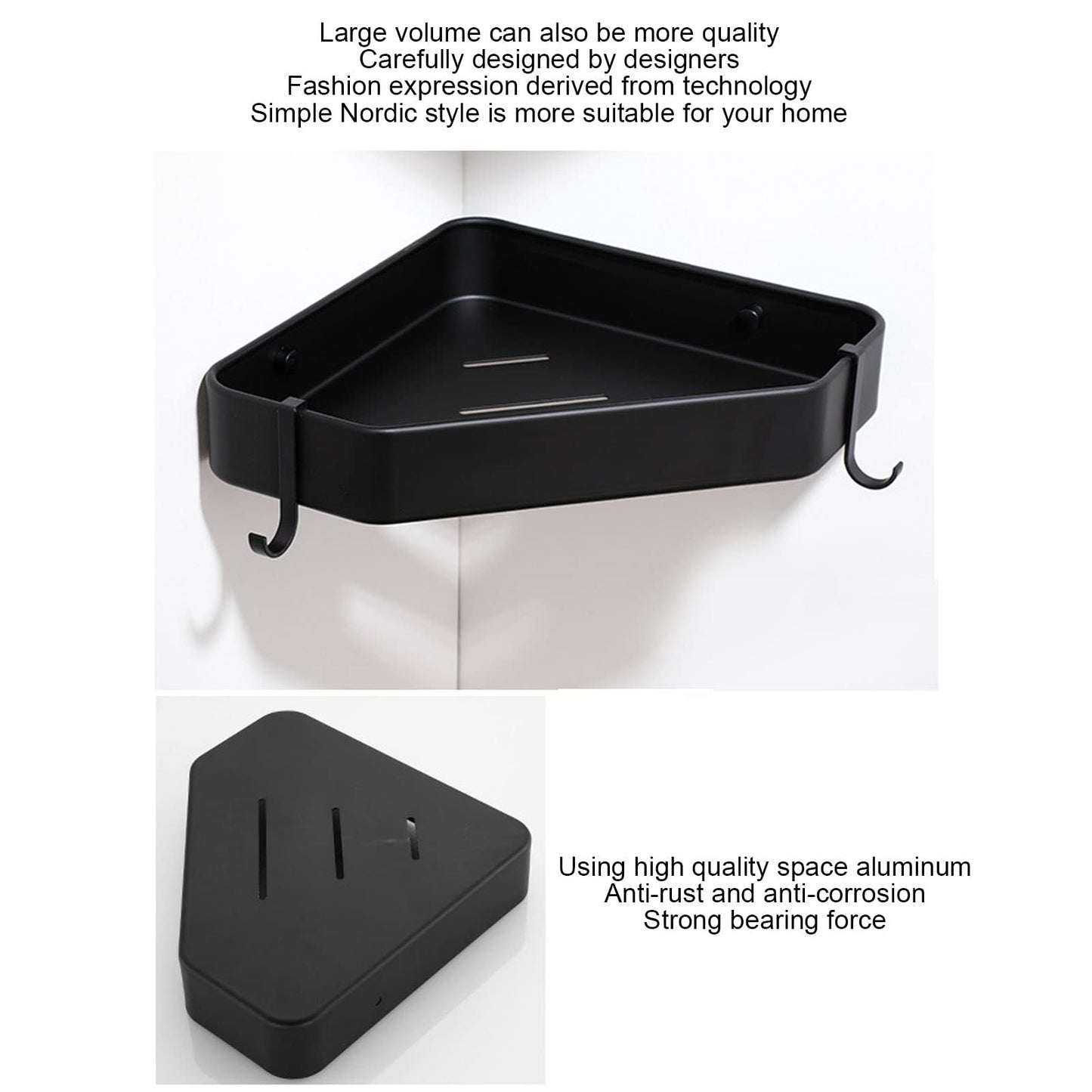 Topyond Shower Caddy, Aluminium Alloy Black Corner Shower Shelves, Durable Bathroom Organizer for Toilet Kitchen Dorm with 2 Hooks, Bath Decor