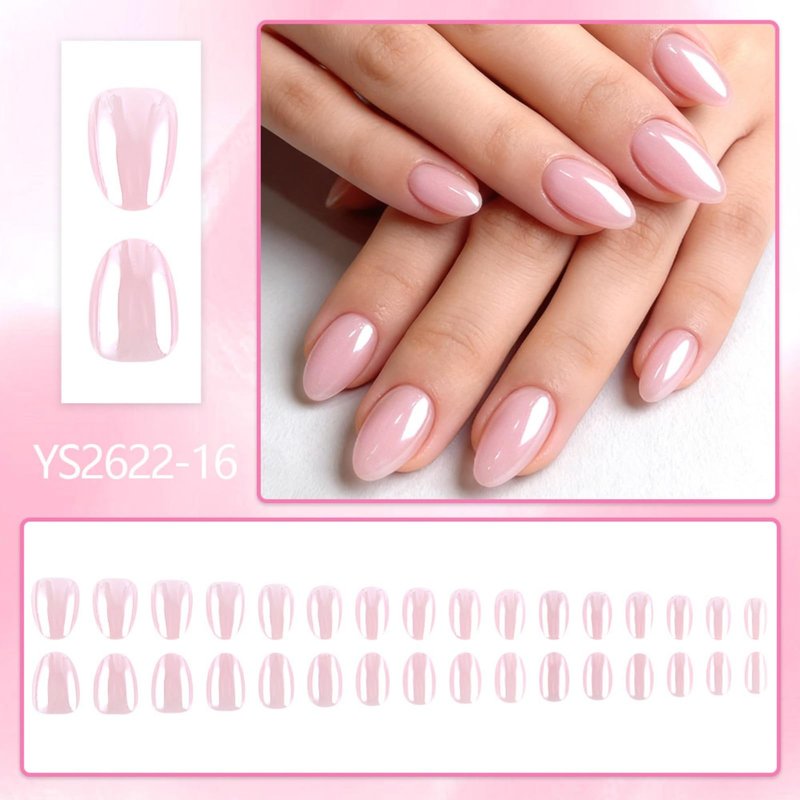 Pink Press on Nails Short Oval Fake Nails with Solid Color Design Reusable Glossy Full Cover Stick on Nail for Women Manicure 32Pcs