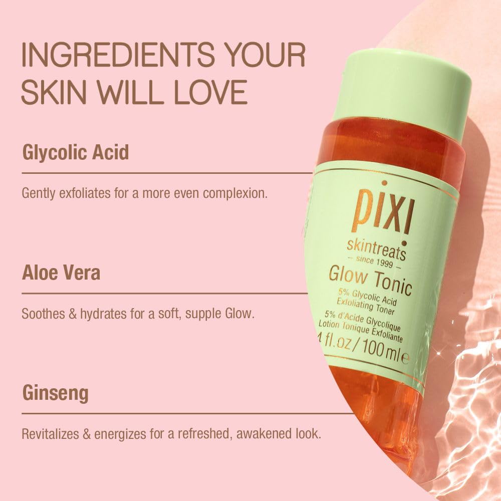 Pixi Glow Tonic Exfoliating Face Toner with 5% Glycolic Acid, Ginseng and Aloe Vera, Alcohol-Free Pore-Refining Toner for Radiant Skin, 8.5 fl oz / 250 ml