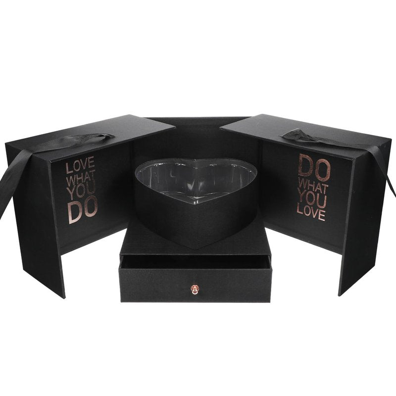 GLEAVI Heart Shaped Flowers with Square Lids Black - Hearts Floral Bouquet Packing Box Double Layer Arrangement Jewelry Paper Cardboard Treat Box for Girlfriend Wife Mom