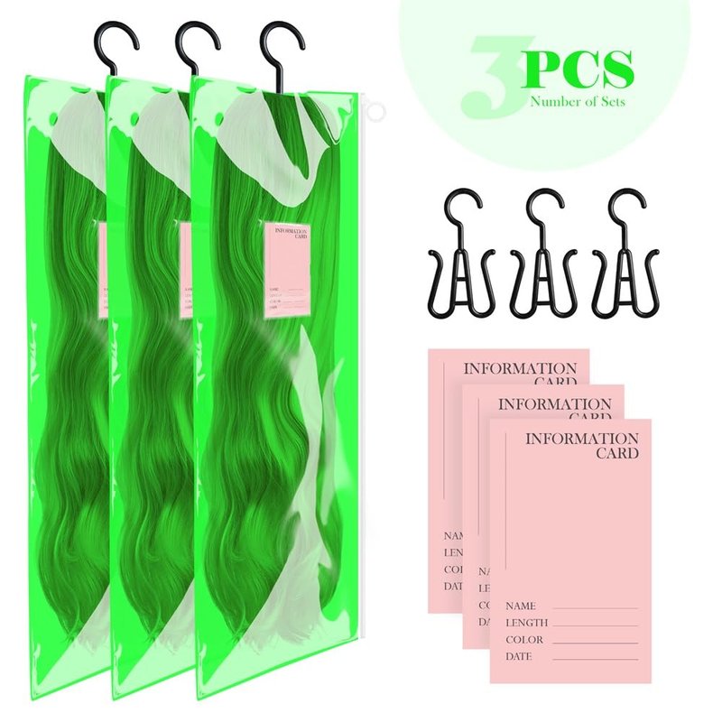 Portable Wig Organizer - 3PCS PVC Wig Bags with Hook, Dust-proof, Waterproof, Multiple Wigs Holder, Stand, Hanger (Fluorescent Green)