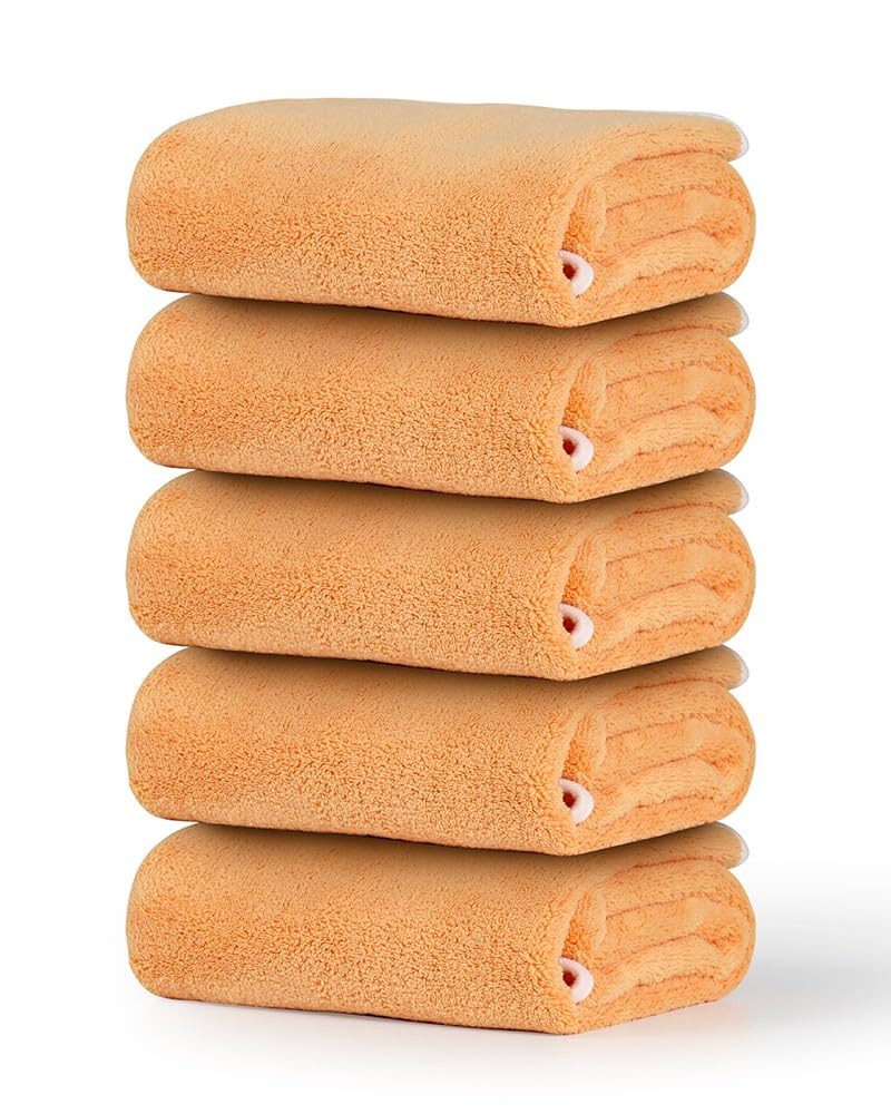 Adwize Microfiber Hand Towels, 14" x30", Set of 5, Highly Absorbent Towels, with Hanging Loop, Fluffy, Orange