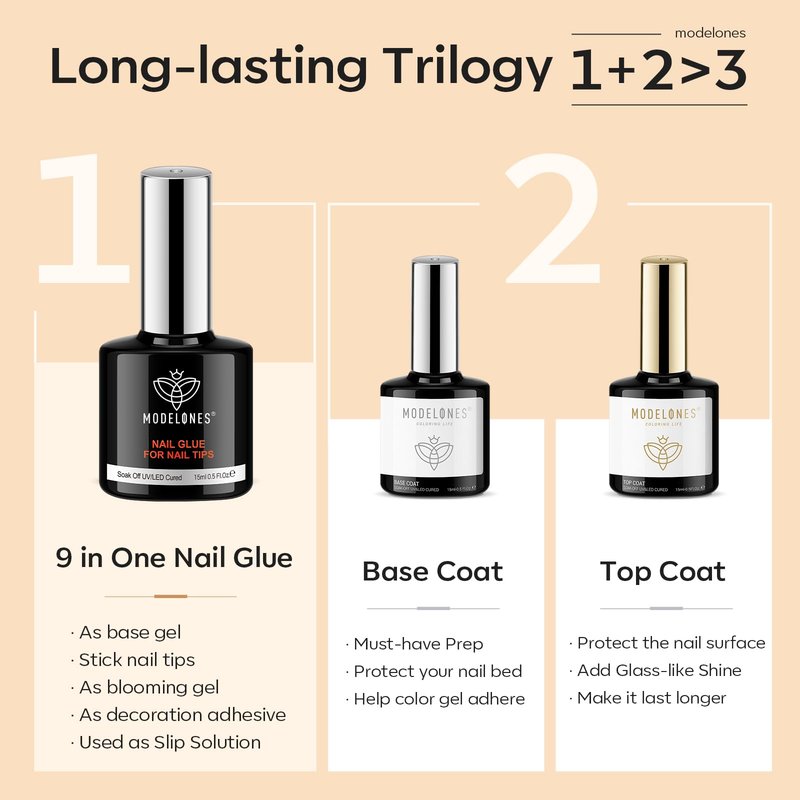 modelones X Gel Nail Glue and Top Base Coat Set, 15ML 3 PCS No Wipe Clear Gel Polish 9 in One Nail Glue for Nail Tips Press Ons Rhinestone Long Lasting Glossy Soak Off U V Manicure Gift Kit for Women