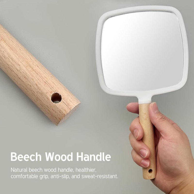 Handheld Makeup Mirror - Portable Wooden Handle Travel Mirror | Square Single-Sided Design for Men & Women