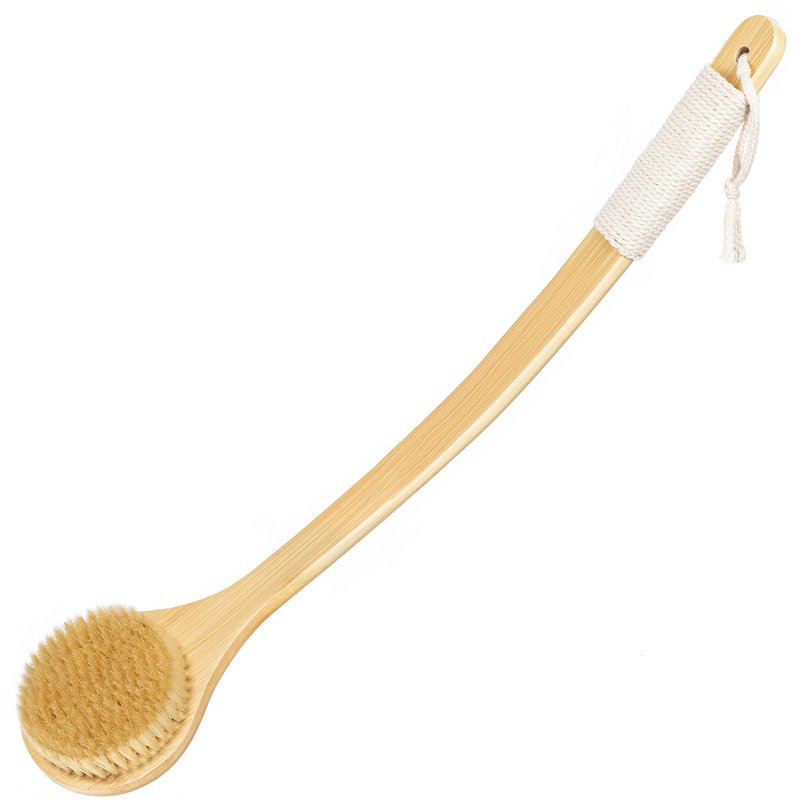 Back Scrubber Brush for Shower, 22" Curved Long Bamboo Handle Shower Brush, Antiskid Body Bath Brushes for Back Dry/Wet Brushing, Moderately Soft Natural Bristle Body Brush for Showering (Beige)