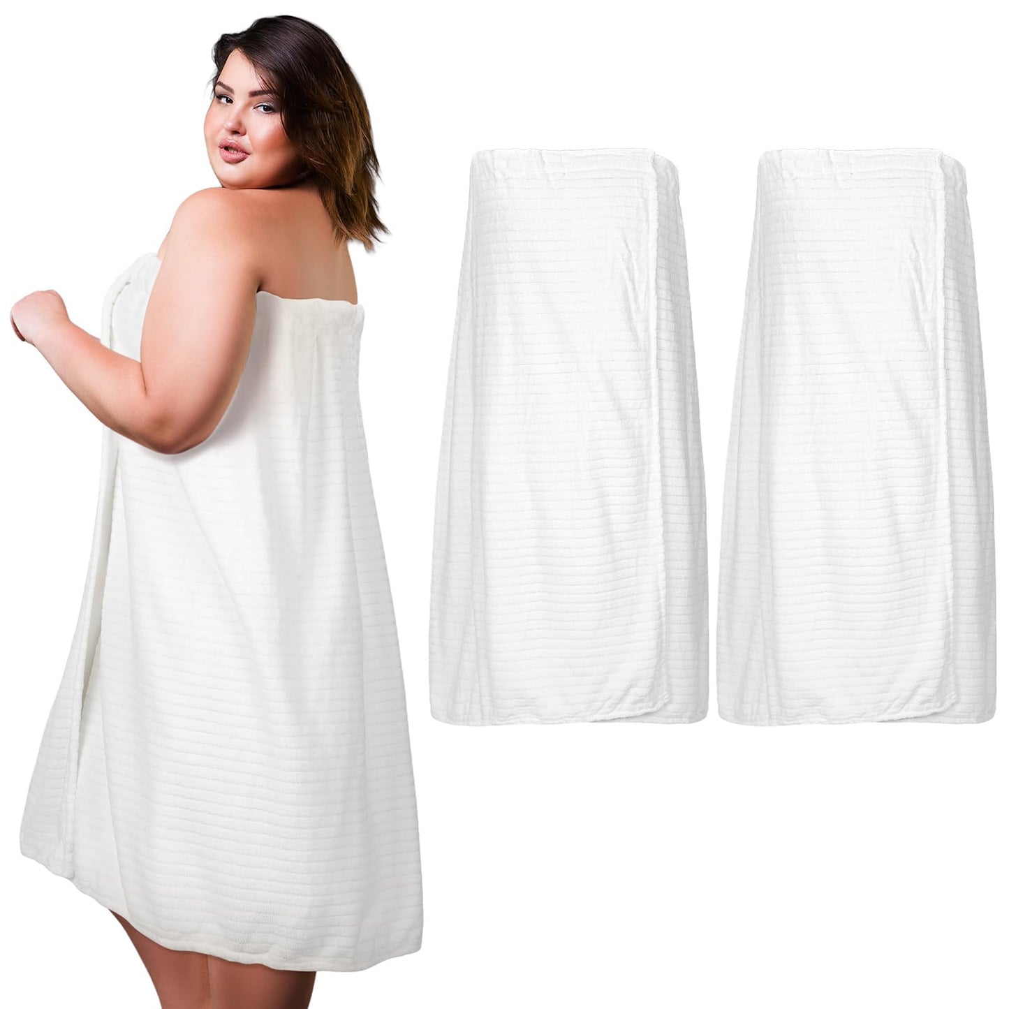 Tigeen 2 Pcs Women's Towel Wrap Lightweight Spa Robe Stripes with Adjustable Closure, Elastic Top Soft Bathrobe Spa Wrap(Large-X-large,White)